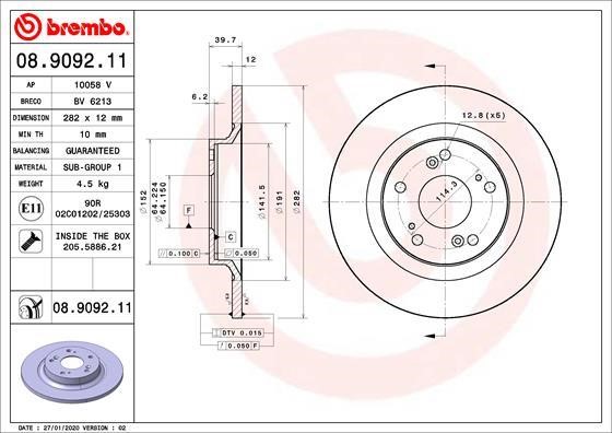 Brembo 08.9092.11 Rear brake disc, non-ventilated 08909211