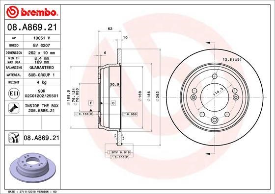 Brembo 08.A869.21 Rear brake disc, non-ventilated 08A86921