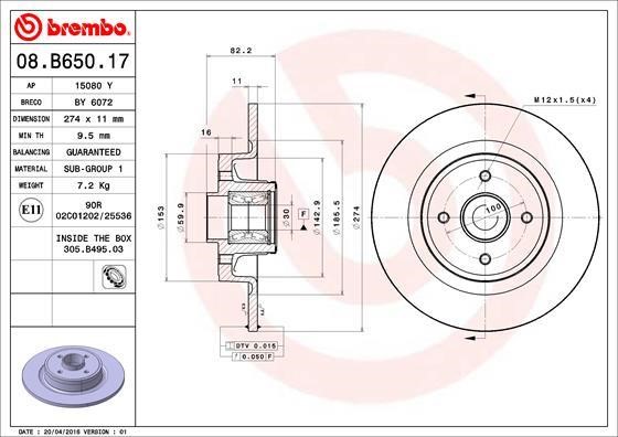 Brembo 08.B650.17 Rear brake disc, non-ventilated 08B65017