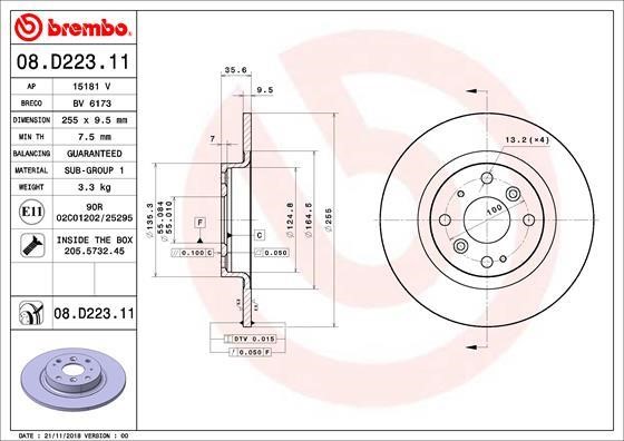 Brembo 08.D223.11 Rear brake disc, non-ventilated 08D22311