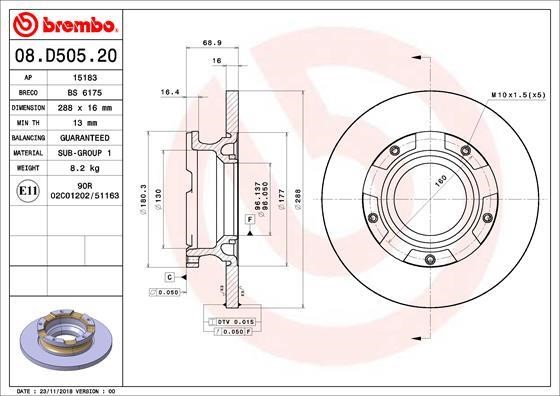 Brembo 08.D505.20 Rear brake disc, non-ventilated 08D50520
