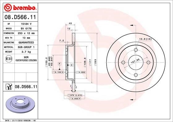 Brembo 08.D566.11 Rear brake disc, non-ventilated 08D56611