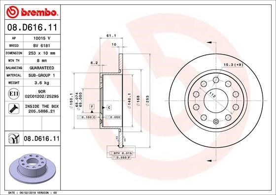 Brembo 08.D616.11 Rear brake disc, non-ventilated 08D61611