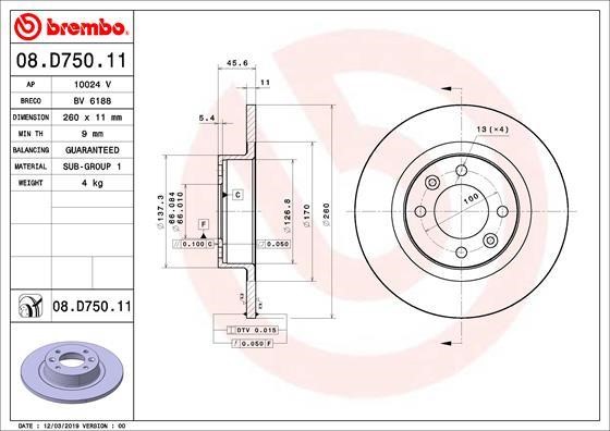 Brembo 08.D750.11 Unventilated brake disc 08D75011