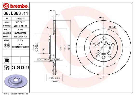 Brembo 08.D883.11 Rear solid brake disc 08D88311 08D88311 Brembo Rear solid brake disc