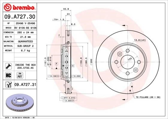 Brembo 09.A727.30 Front brake disc ventilated 09A72730