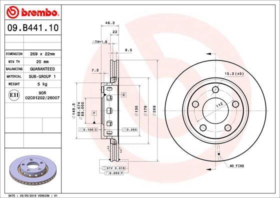 Brembo 09.B441.10 Ventilated disc brake, 1 pcs. 09B44110