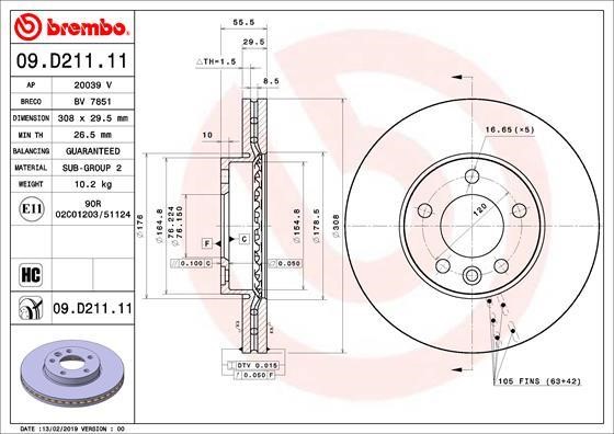 Brembo 09.D211.11 Front brake disc ventilated 09D21111