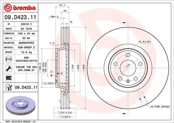 Brembo 09.D423.11 Ventilated disc brake, 1 pcs. 09D42311