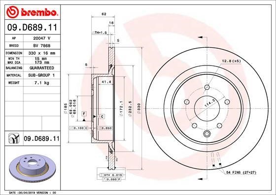 Brembo 09.D689.11 Rear ventilated brake disc 09D68911