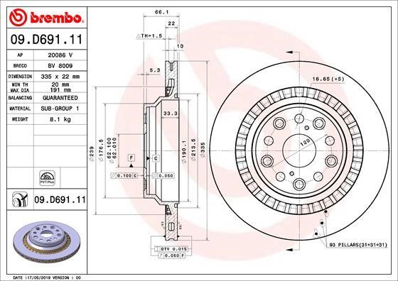 Brembo 09.D691.11 Ventilated disc brake, 1 pcs. 09D69111