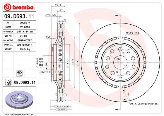 Brembo 09.D693.11 Ventilated disc brake, 1 pcs. 09D69311