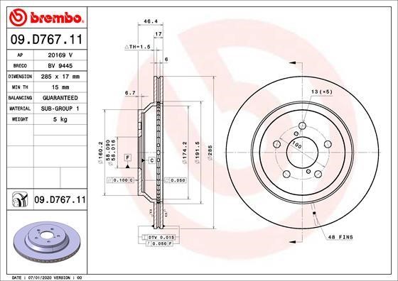 Brembo 09.D767.11 Rear ventilated brake disc 09D76711