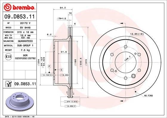 Brembo 09.D853.11 Rear ventilated brake disc 09D85311