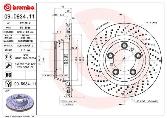 Brembo 09.D934.11 Ventilated brake disc with perforation 09D93411
