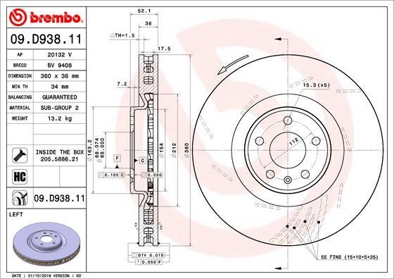 Brembo 09.D938.11 Ventilated front left brake disc 09D93811