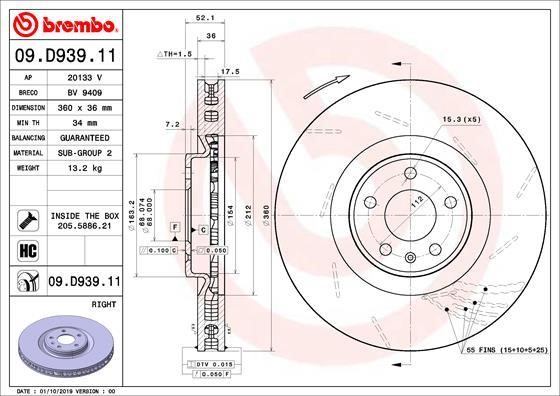 Brembo 09.D939.11 Ventilated disc brake, 1 pcs. 09D93911