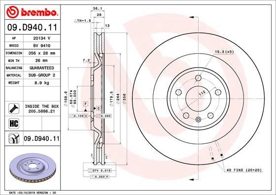 Brembo 09.D940.11 Rear ventilated brake disc 09D94011