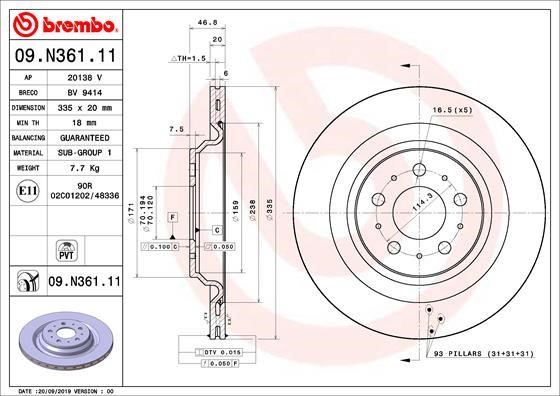 Brembo 09.N361.11 Rear ventilated brake disc 09N36111