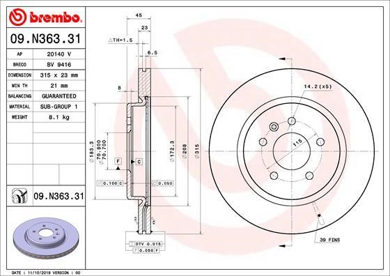Brembo 09.N363.31 Rear ventilated brake disc 09N36331