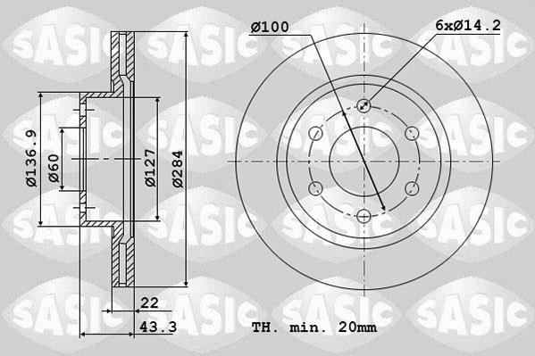 Sasic 6106005 Front brake disc ventilated 6106005