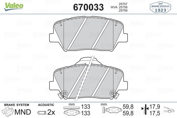 Valeo 670033 Brake Pad Set, disc brake 670033