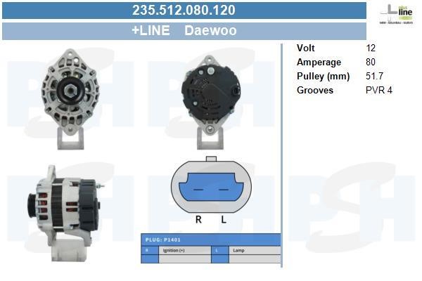 Alternator Daewoo Kalos: 235512080120 BV PSH Alternator
