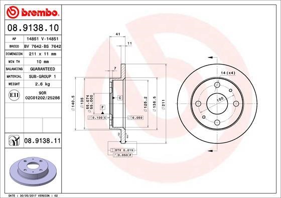 Brembo 08.9138.11 Unventilated front brake disc 08913811