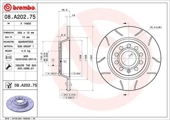 Brembo 08.A202.75 Rear brake disc, non-ventilated 08A20275