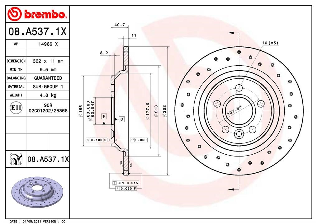 Brembo 08.A537.1X Rear brake disc, non-ventilated 08A5371X