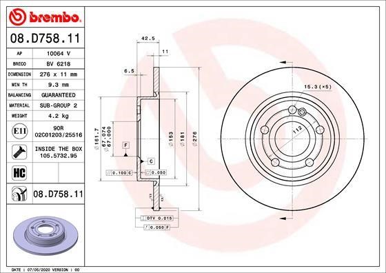 Brembo 08.D758.11 Rear brake disc, non-ventilated 08D75811