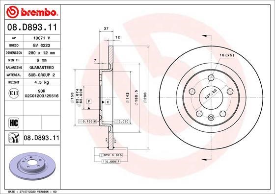 Brembo 08.D893.11 Rear brake disc, non-ventilated 08D89311