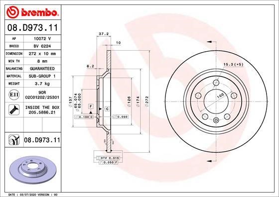 Brembo 08.D973.11 Rear brake disc, non-ventilated 08D97311