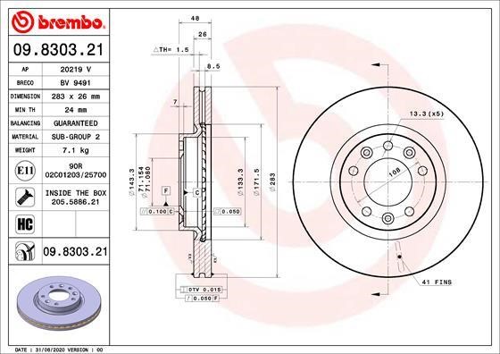 Brembo 09.8303.21 Front brake disc ventilated 09830321
