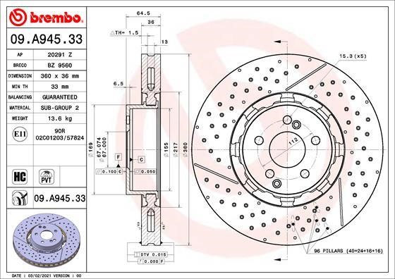 Brembo 09.A945.33 Front brake disc ventilated 09A94533