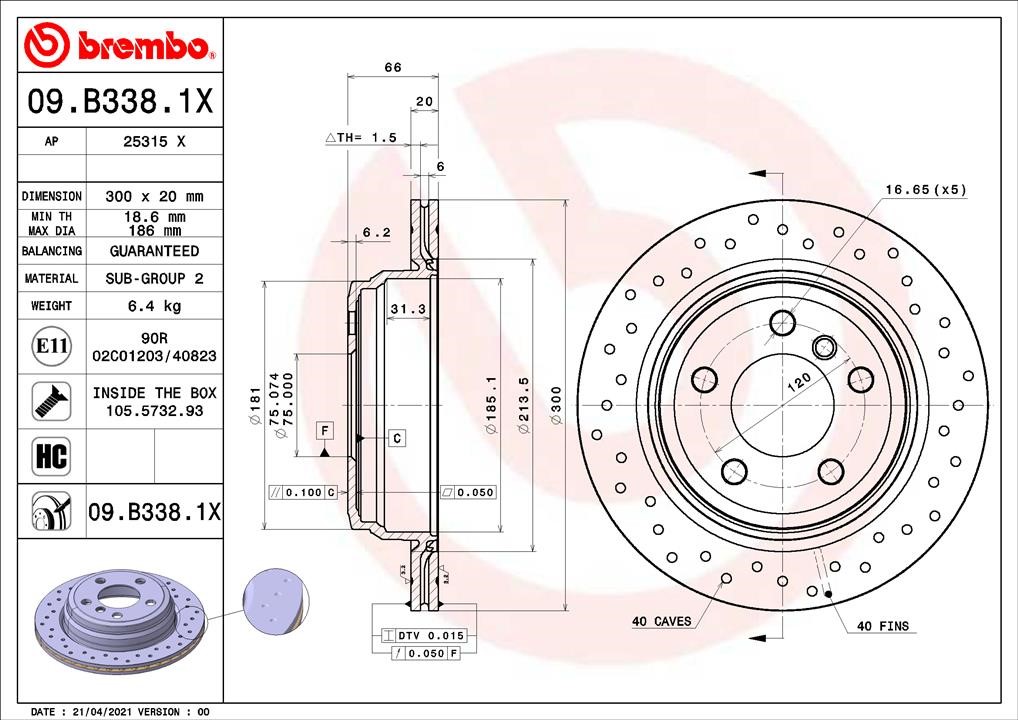 Brembo 09.B338.1X Rear ventilated brake disc 09B3381X