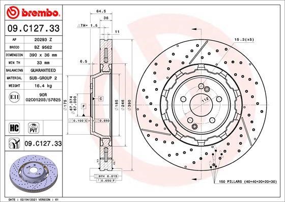 Brembo 09.C127.33 Front brake disc ventilated 09C12733