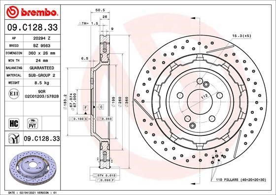 Brembo 09.C128.33 Rear ventilated brake disc 09C12833