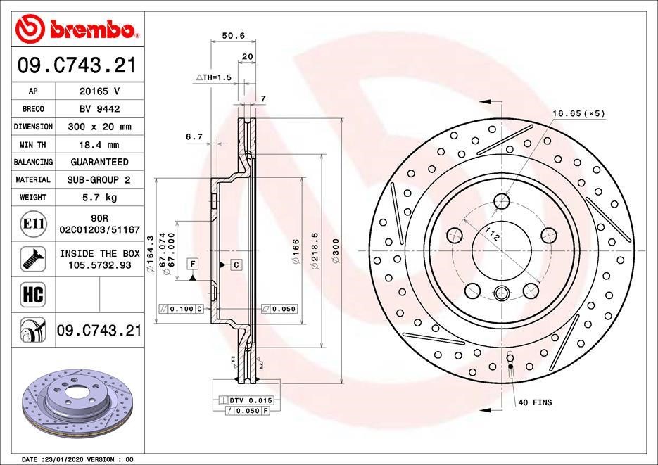 Brembo 09.C743.21 Ventilated brake disc with slotting and perforation 09C74321