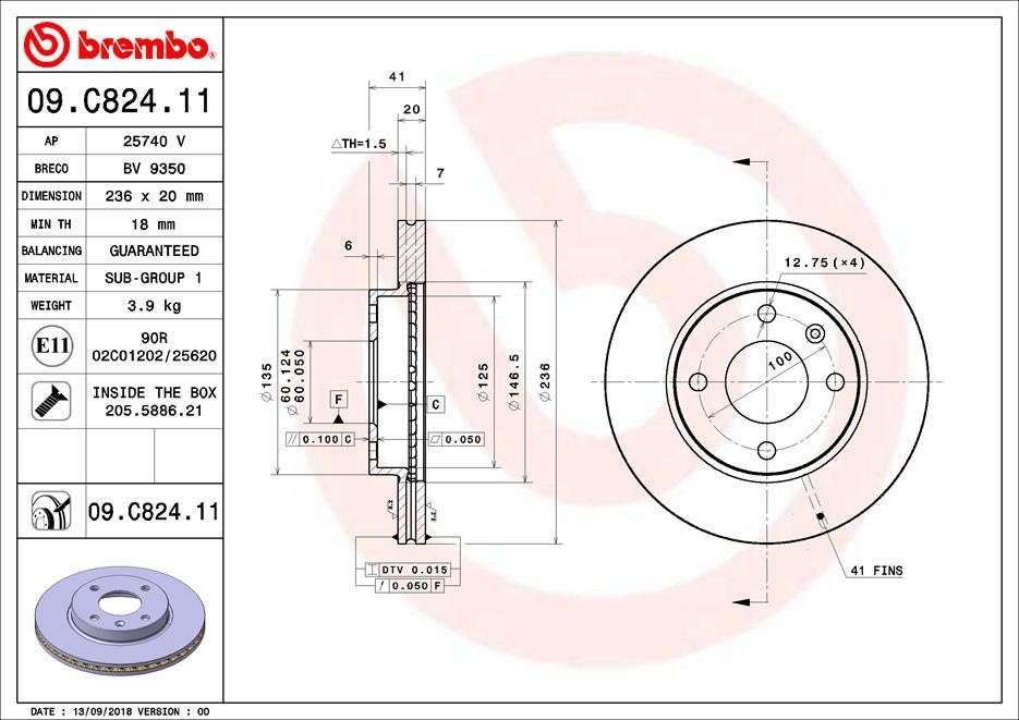 Brembo 09.C824.11 Ventilated disc brake, 1 pcs. 09C82411