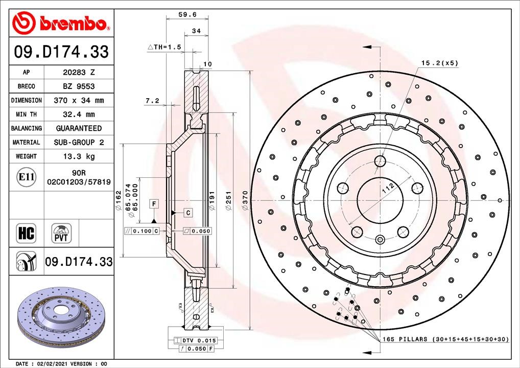 Brembo 09.D174.33 Front brake disc ventilated 09D17433