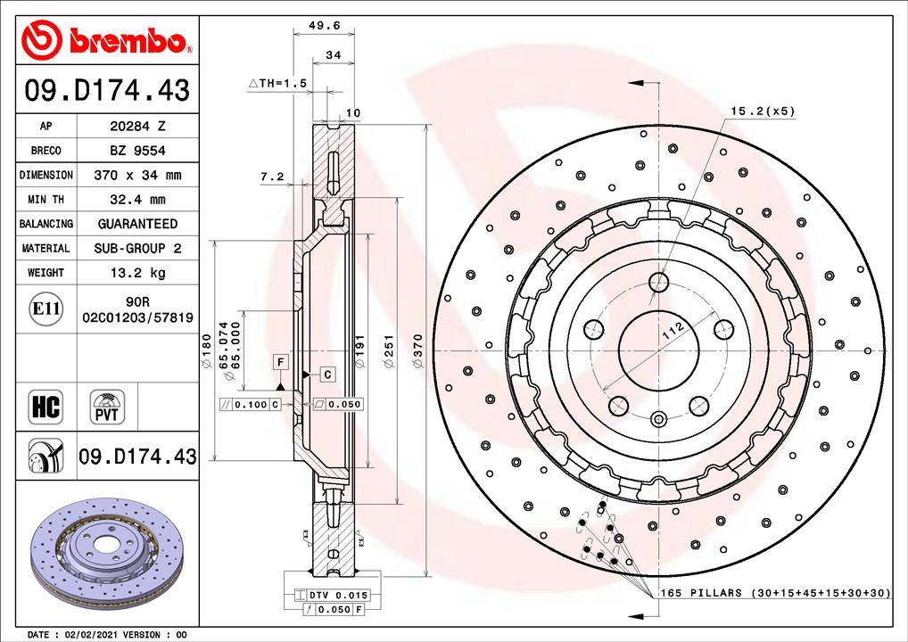 Brembo 09.D174.43 Front brake disc ventilated 09D17443