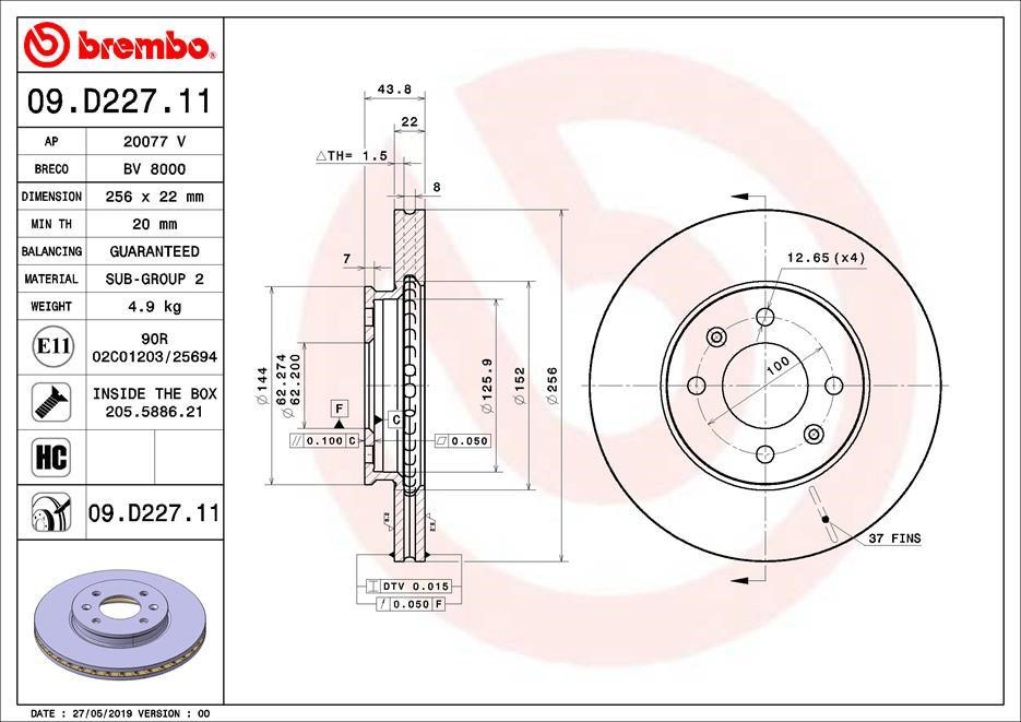 Brembo 09.D227.11 Ventilated disc brake, 1 pcs. 09D22711