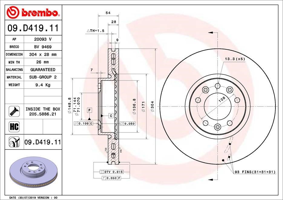 Brembo 09.D419.11 Front brake disc ventilated 09D41911