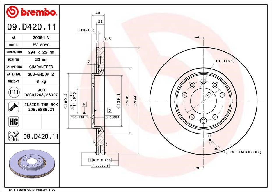 Brembo 09.D420.11 Ventilated disc brake, 1 pcs. 09D42011