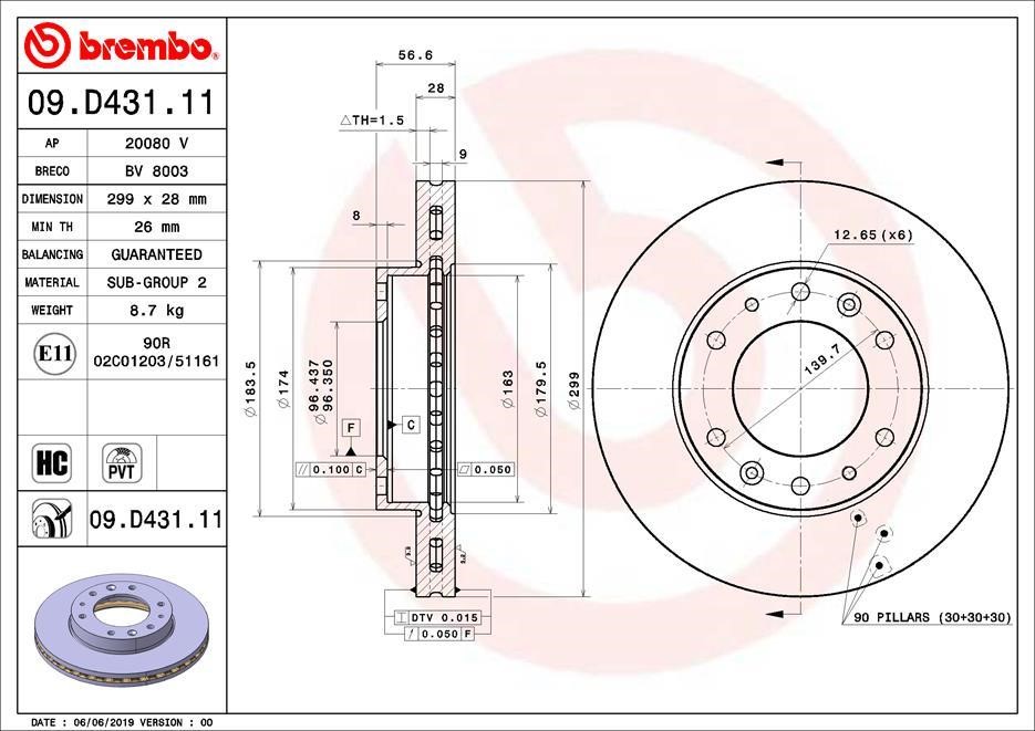 Brembo 09.D431.11 Ventilated disc brake, 1 pcs. 09D43111