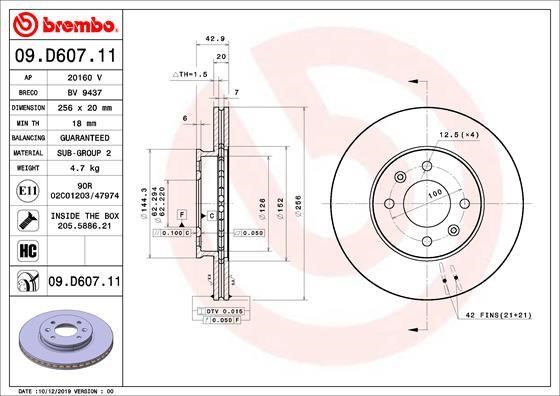 Brembo 09.D607.11 Ventilated disc brake, 1 pcs. 09D60711