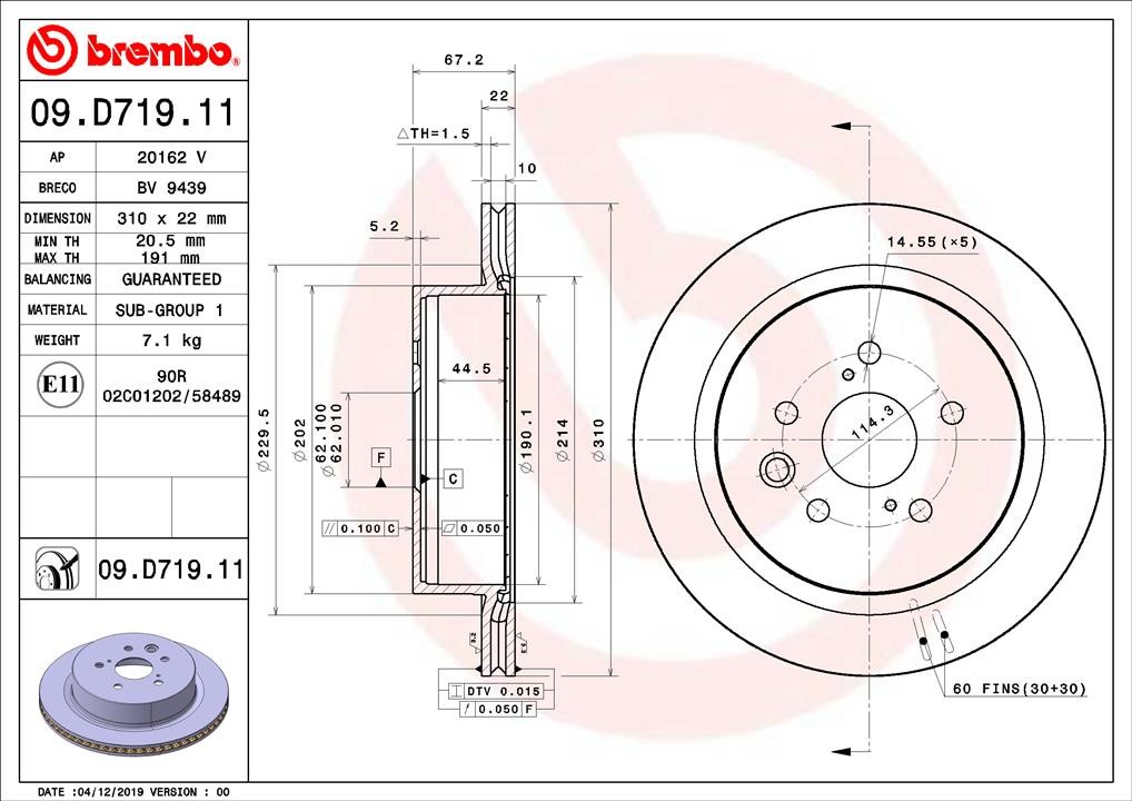 Brembo 09.D719.11 Ventilated disc brake, 1 pcs. 09D71911