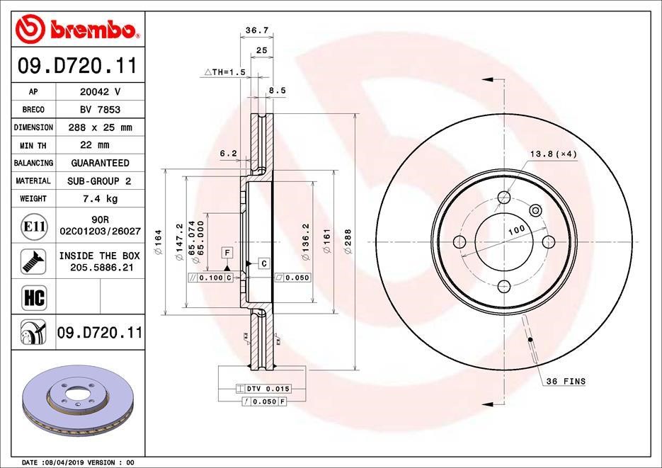 Brembo 09.D720.11 Ventilated disc brake, 1 pcs. 09D72011