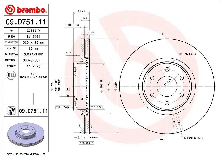 Brembo 09.D751.11 Front brake disc ventilated 09D75111
